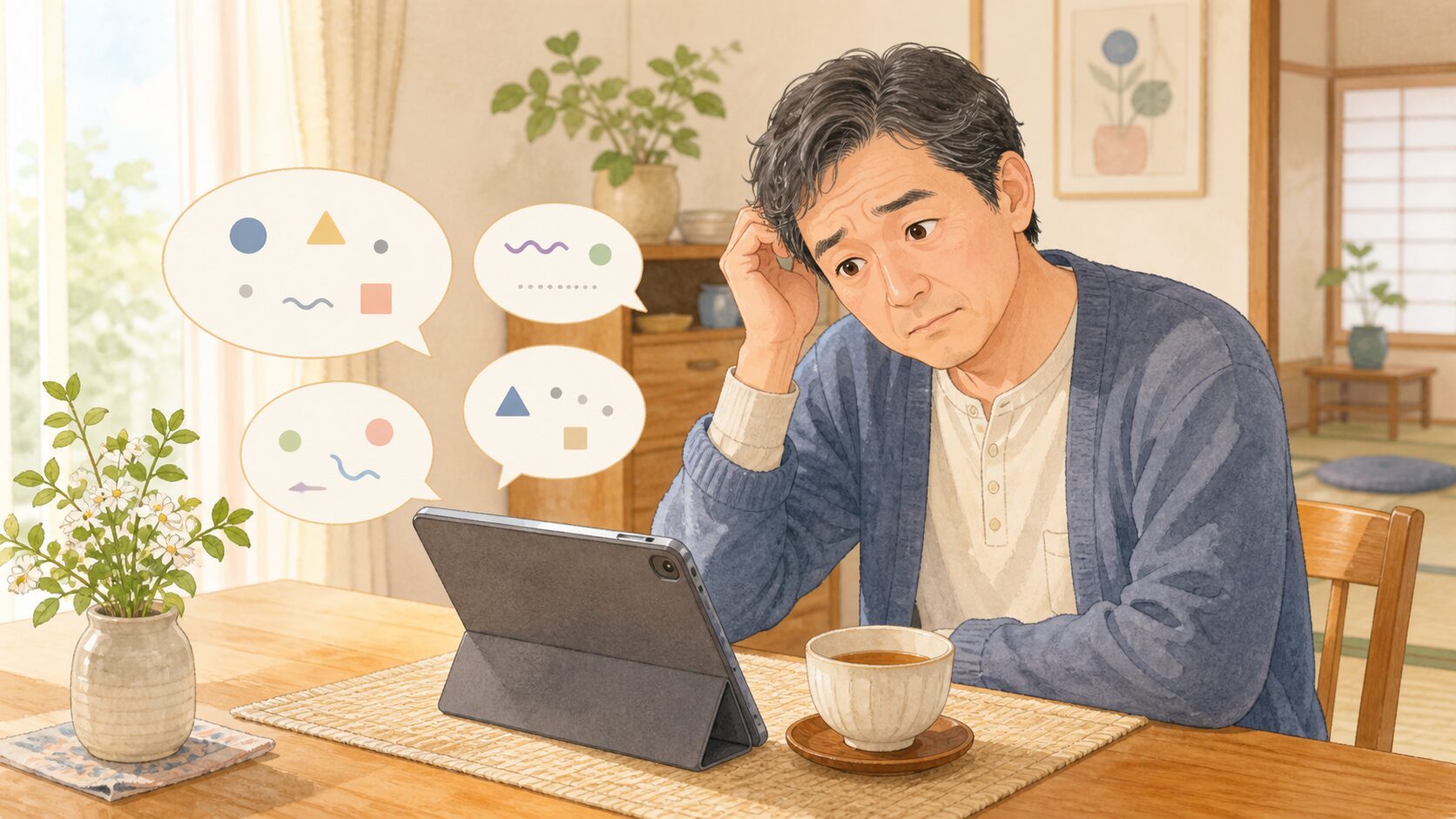 タブレットの画面に知らない横文字（記号）が並び、少し戸惑う朝